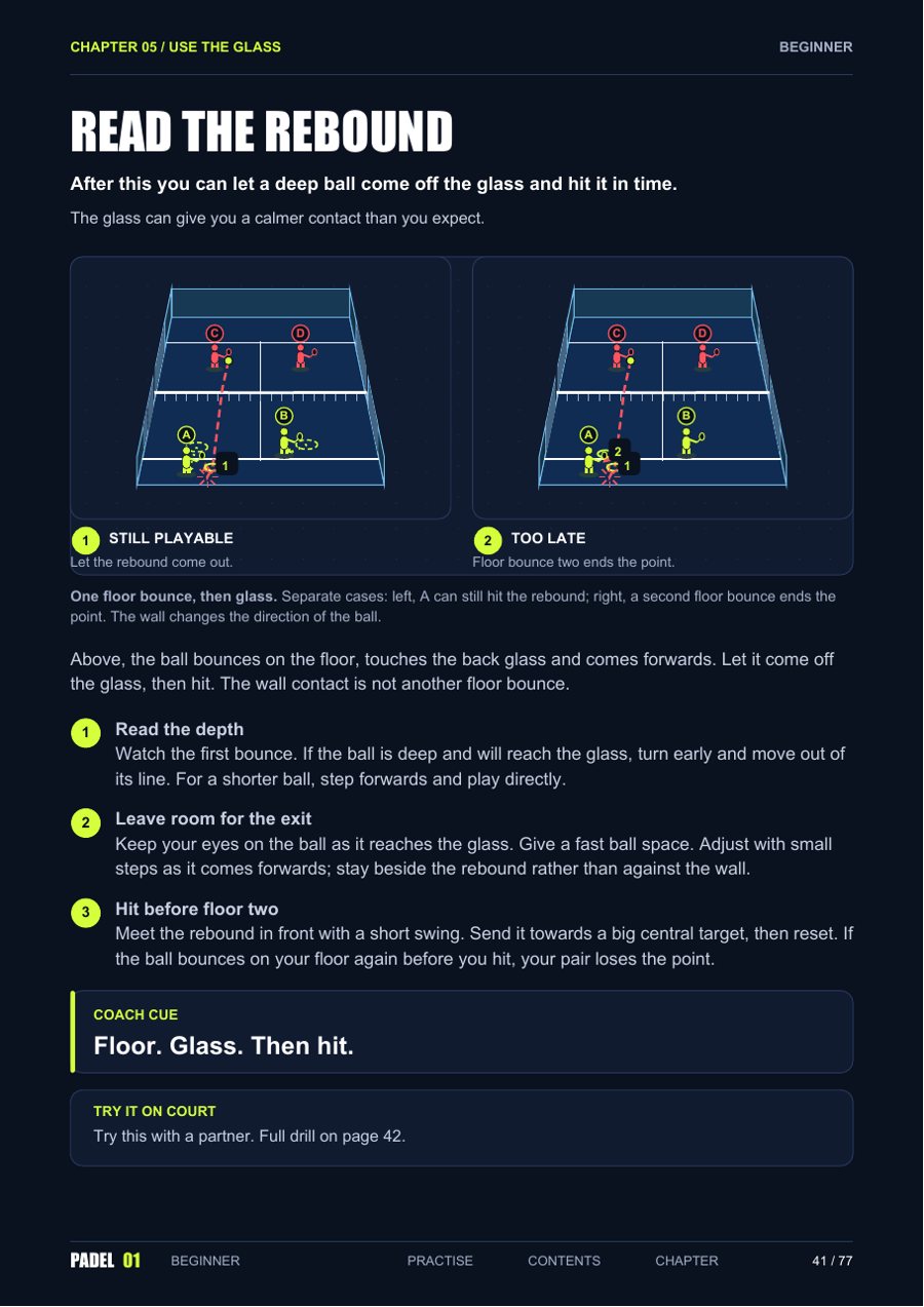 Guide page: Read the rebound, showing a ball coming off the back glass.